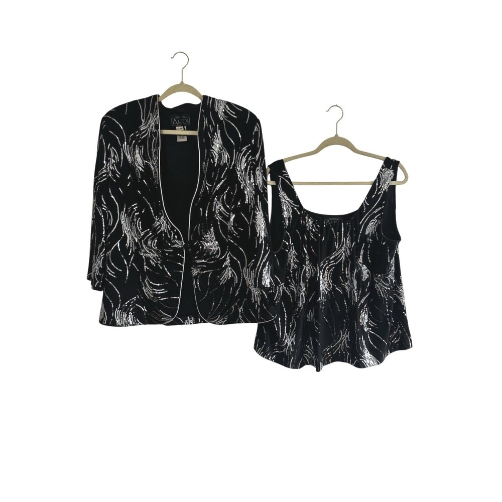 Alex Evenings Women's Black Silver Sequin 2-Piece Top & Jacket Set Size 2X Bling